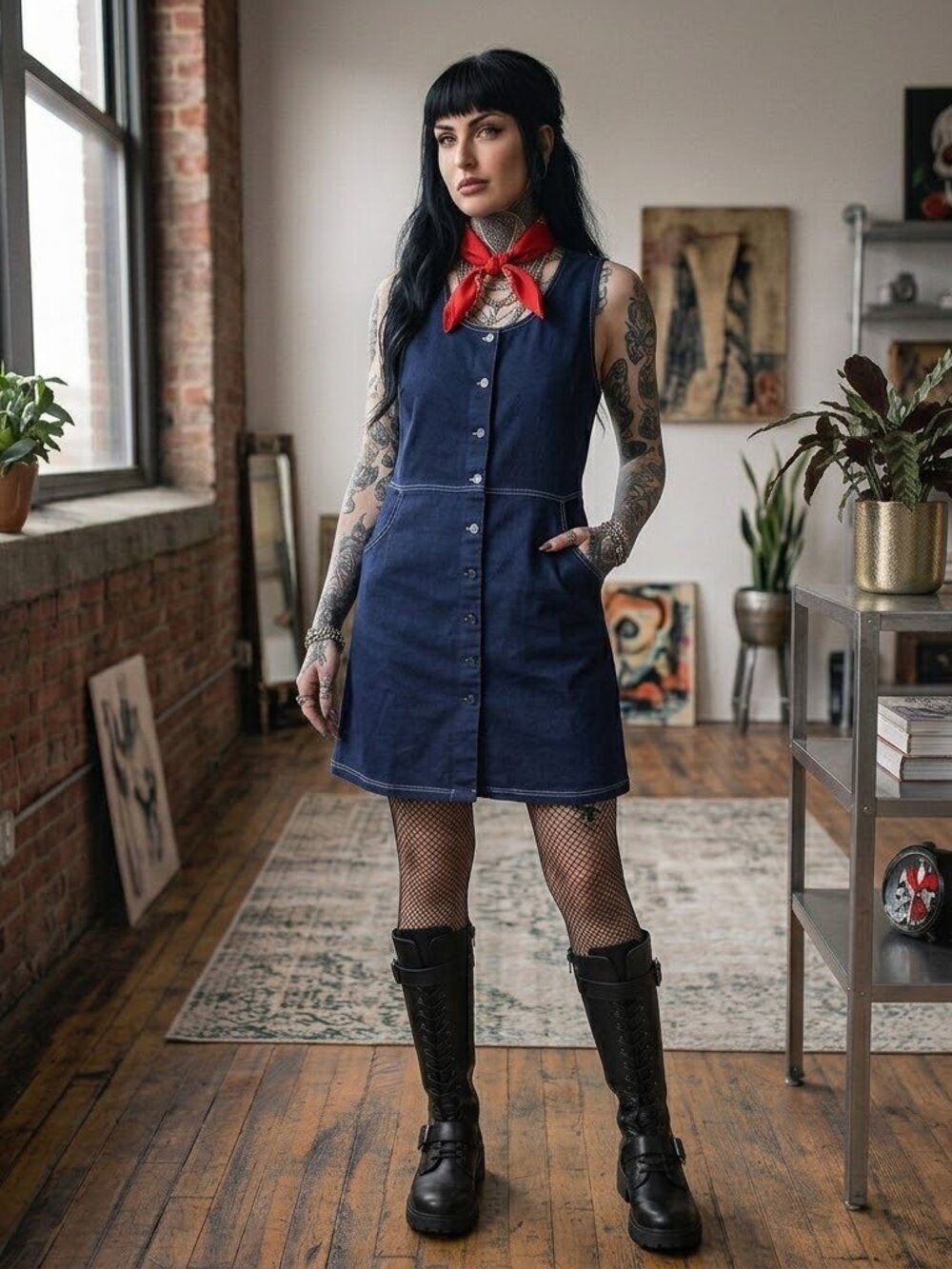 Vintage National Denim Jumper Dress 90s Button Front Medium Large Stretchy
